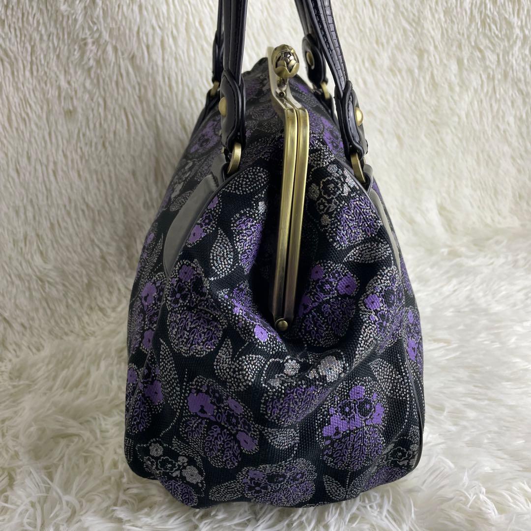 美品 ANNA SUI アナスイ ハンドバッグ がま口 花柄 紫 黒 保存袋付