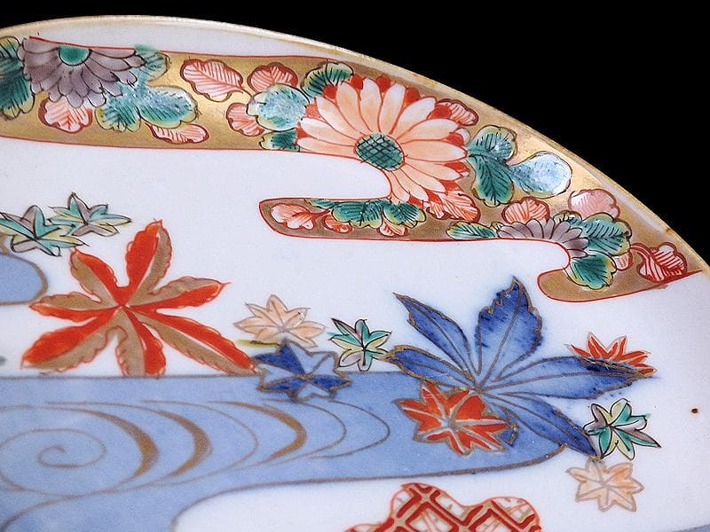 古伊万里　金襴手　竜田川に紅葉の図　５寸皿　C105AS-CZb