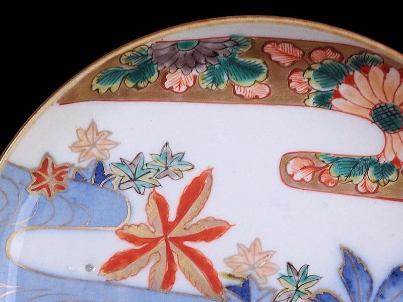 古伊万里　金襴手　竜田川に紅葉の図　５寸皿　C105AS-CZb