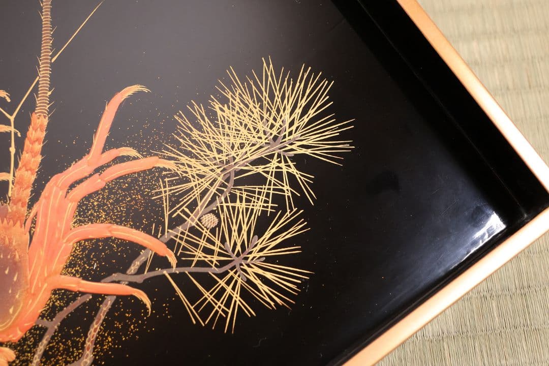 木製 松と海老 蒔絵 重膳一組 在銘 四方盆 大小二枚 香雲？【MA746】