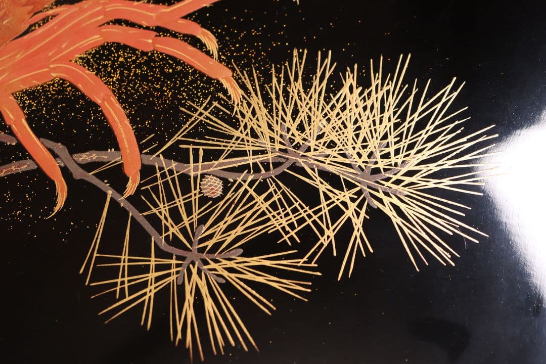 木製 松と海老 蒔絵 重膳一組 在銘 四方盆 大小二枚 香雲？【MA746】