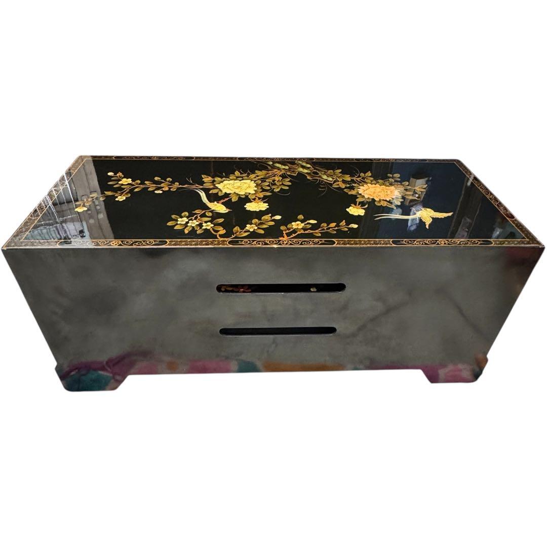 花柄装飾 木製箪笥 ローチェスト TV台 4段引き出し 開き扉付 光沢