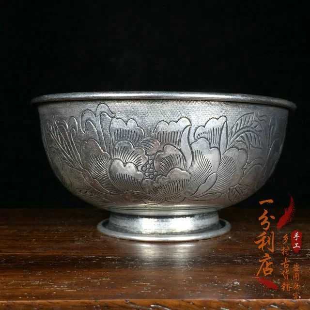 骨董品，925銀のボウル，花が咲き富貴である，銀の椀