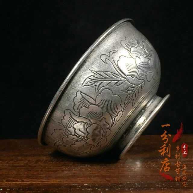 骨董品，925銀のボウル，花が咲き富貴である，銀の椀