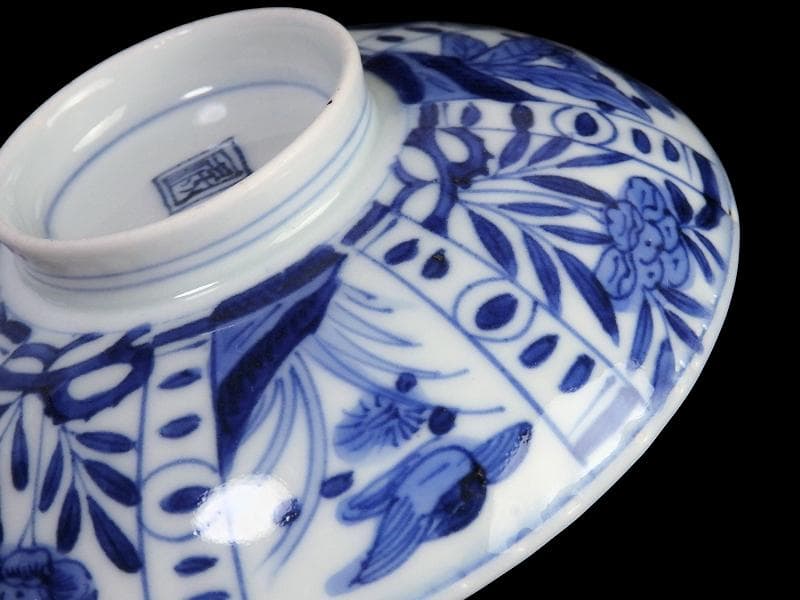 古伊万里 染付 芙蓉手 花鳥紋の図 大振蓋茶碗 F319AS-CXz