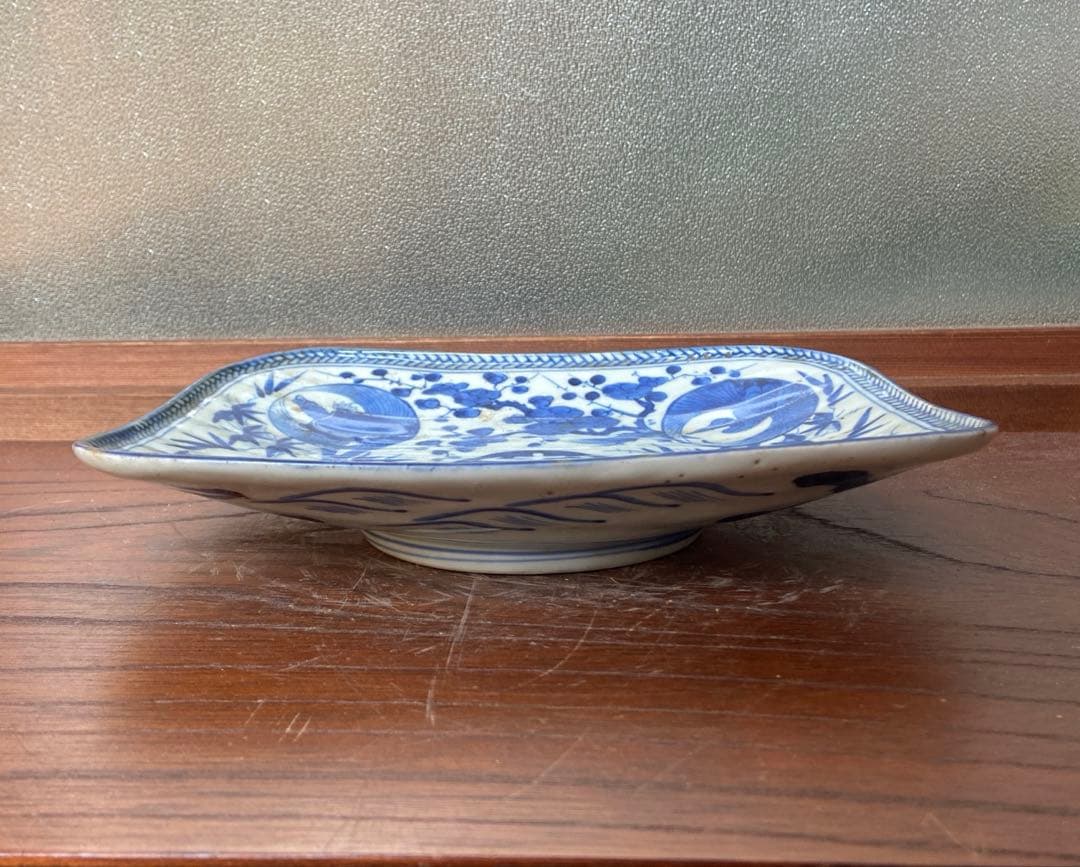 古伊万里染付鶴亀松竹梅四方皿 江戸時代　茶碗2点