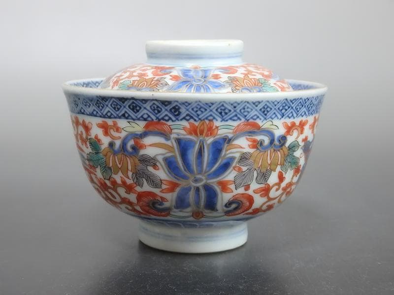 古伊万里　色絵　花唐草に鳳凰の図　蓋茶碗　２客C239A-A -BDg