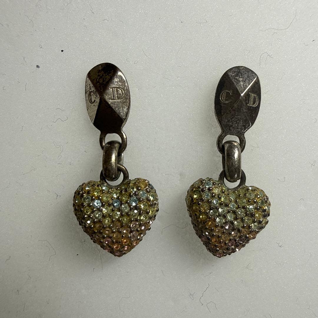 Christian Dior ラインストーン付きハートモチーフピアス シルバー
