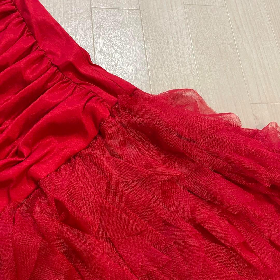 ジェシカマクリントック　パーティドレス　レッド フリル　ストラップレスロングS