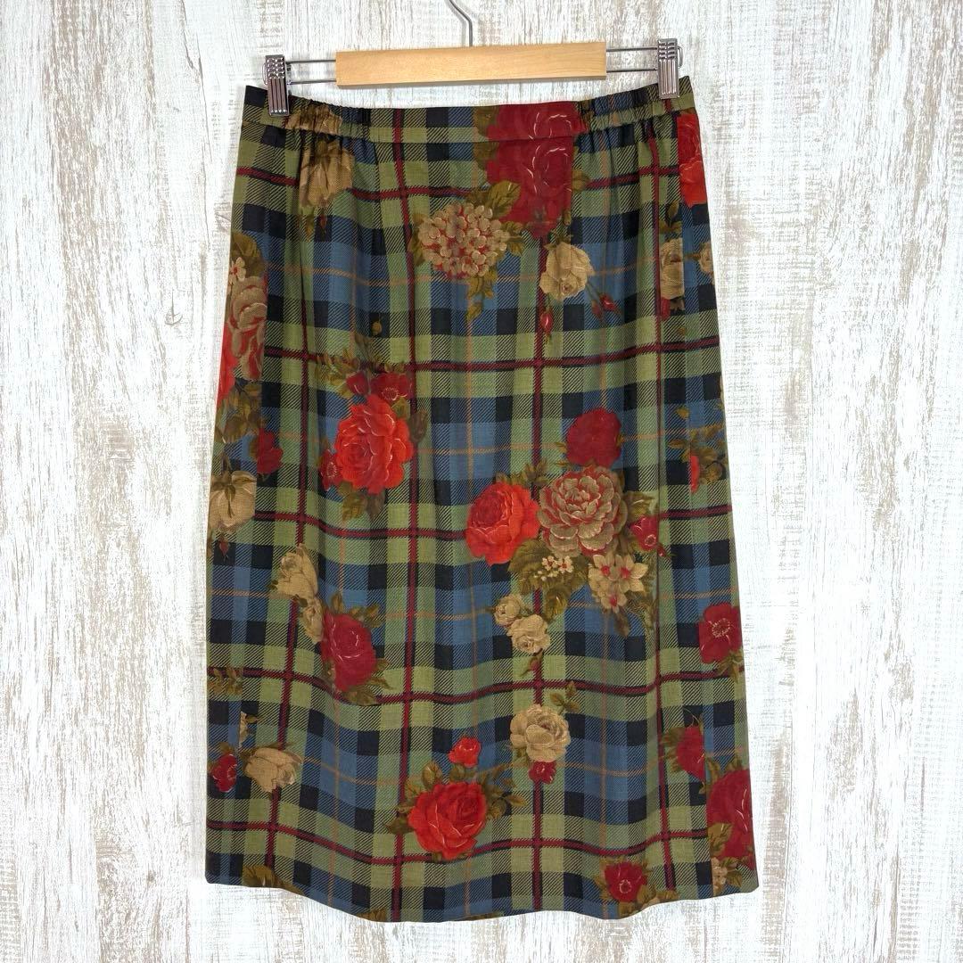 美品 90s Burberrys 花柄 チェック ウール シルク 巻きスカート