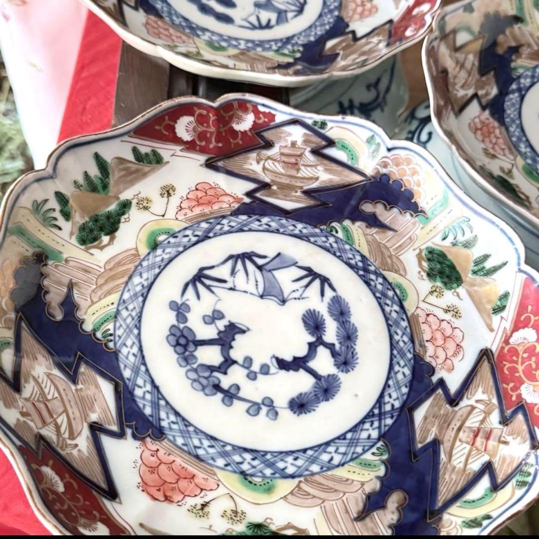 新春特別価格‼️降誕祭GOLD伊万里錦手　帆かけ舟❌山水❌米俵富貴長春八寸皿5客