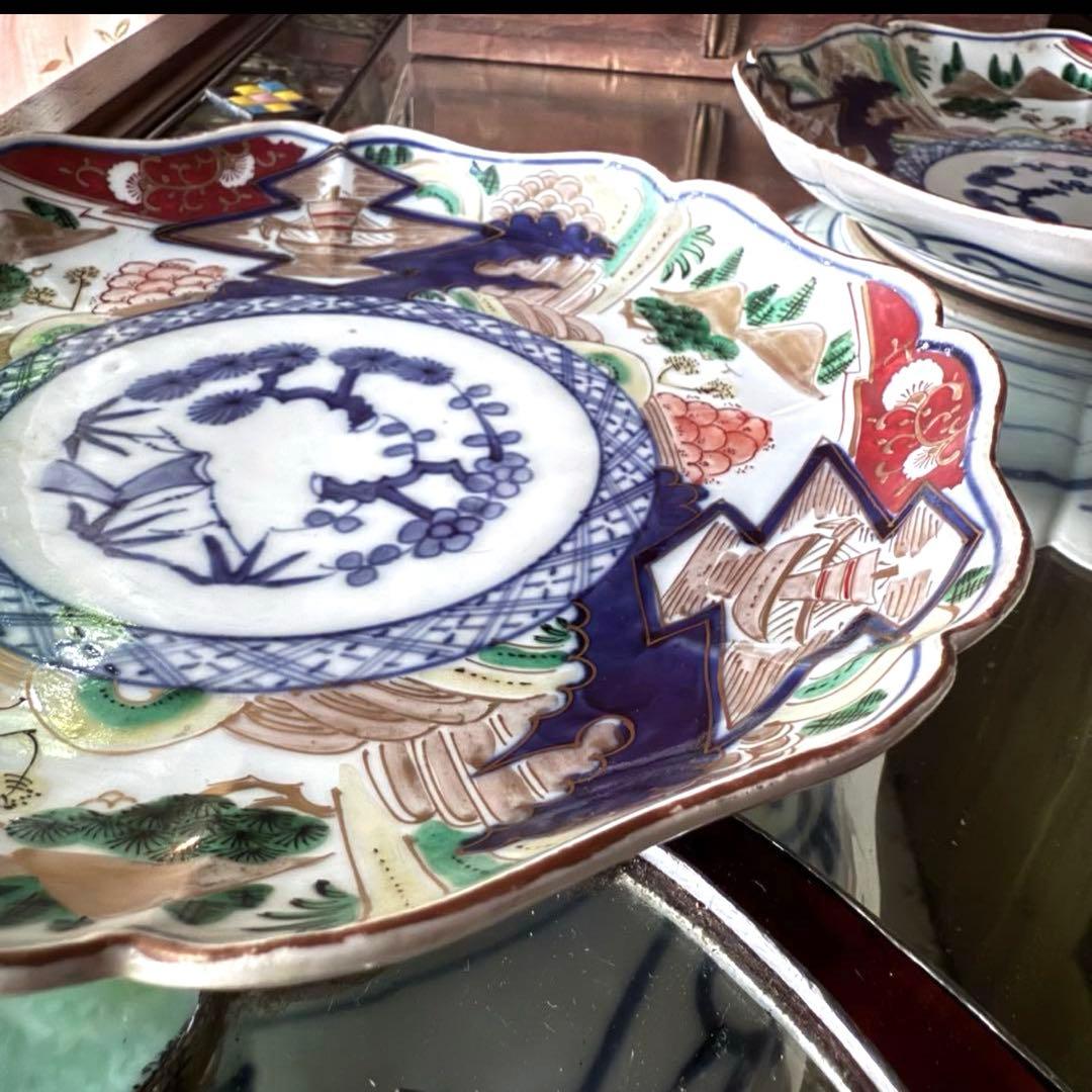 新春特別価格‼️降誕祭GOLD伊万里錦手　帆かけ舟❌山水❌米俵富貴長春八寸皿5客