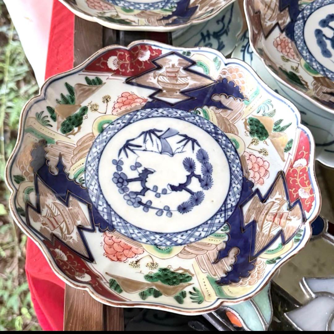 新春特別価格‼️降誕祭GOLD伊万里錦手　帆かけ舟❌山水❌米俵富貴長春八寸皿5客