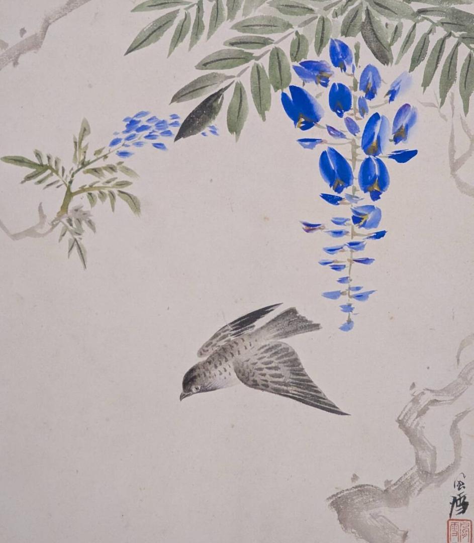 真作】絵画 日本画（色紙） 藤に飛翔する鳥 雅趣あふれる花鳥画 Z55