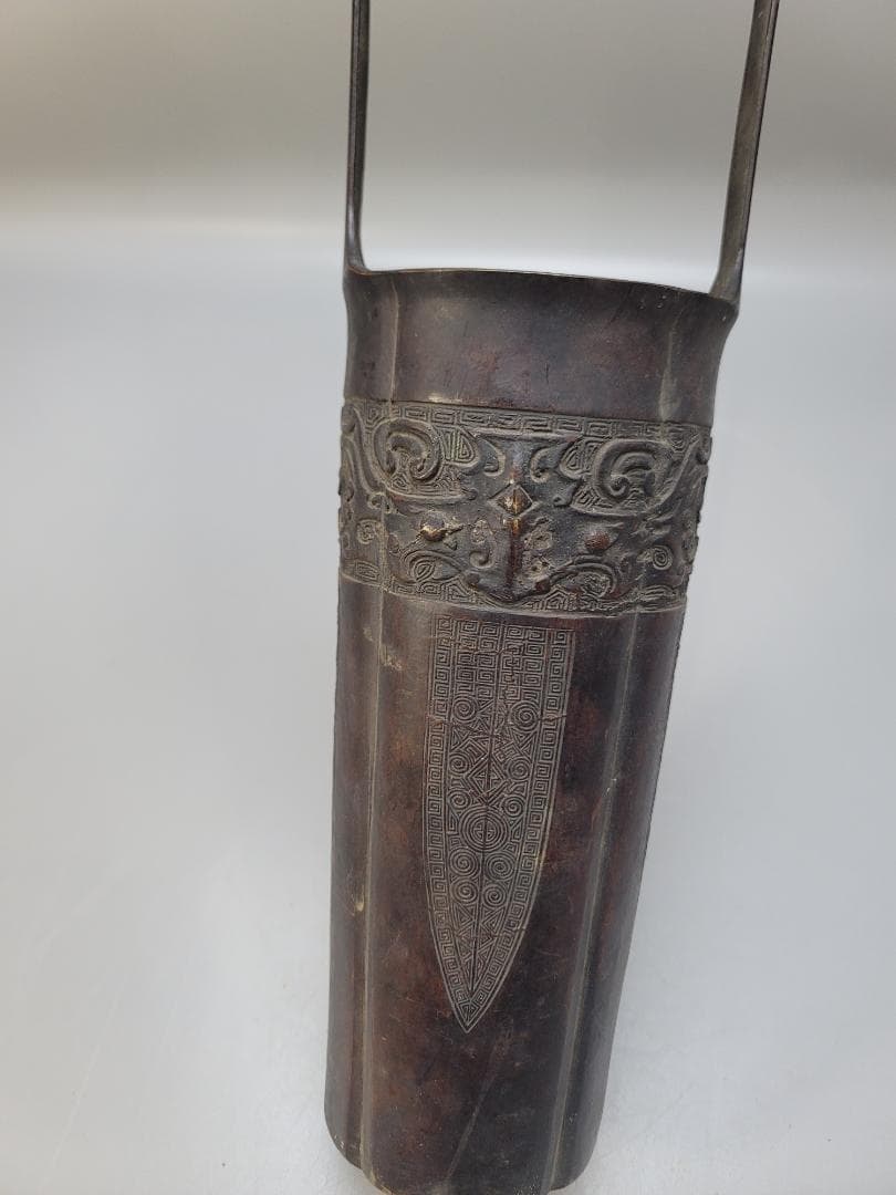 古銅 饕餮紋 手付 桶形 花器 晴眠 骨董品