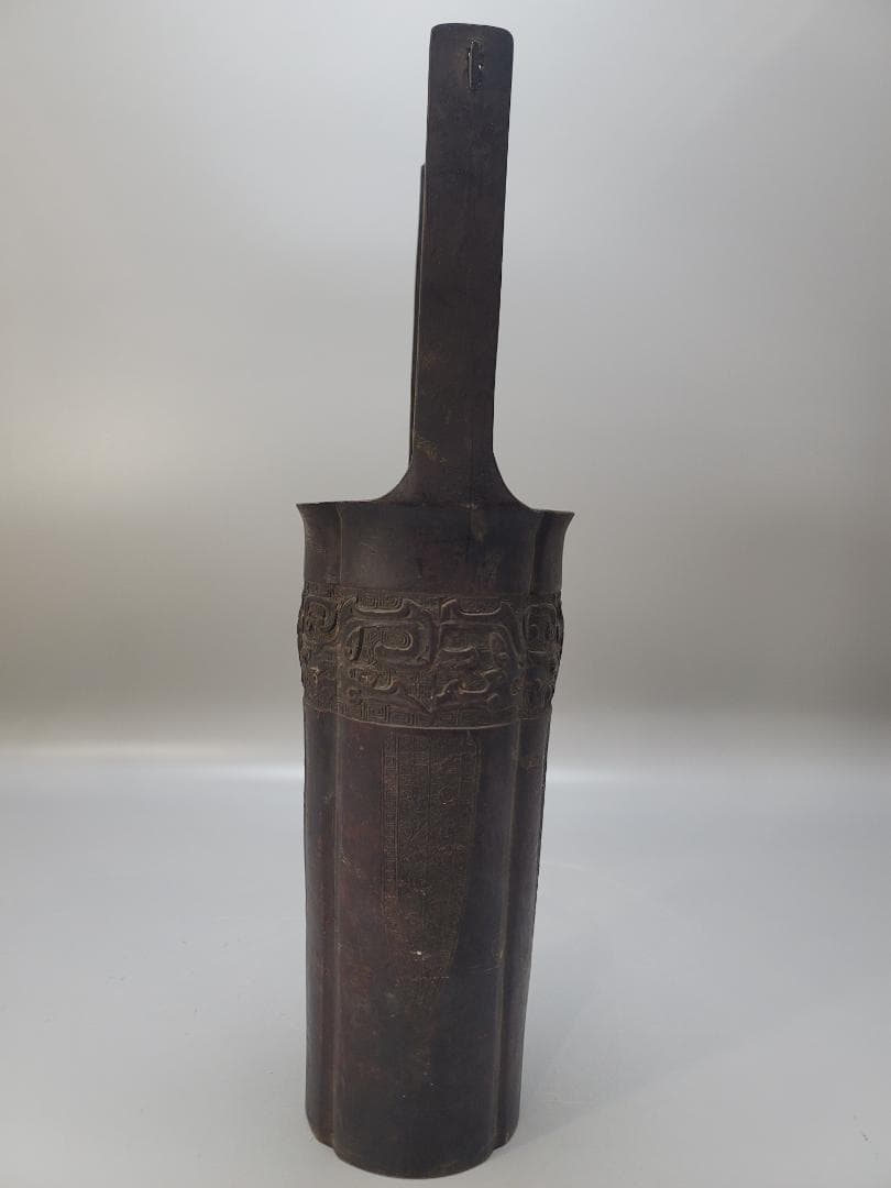 古銅 饕餮紋 手付 桶形 花器 晴眠 骨董品