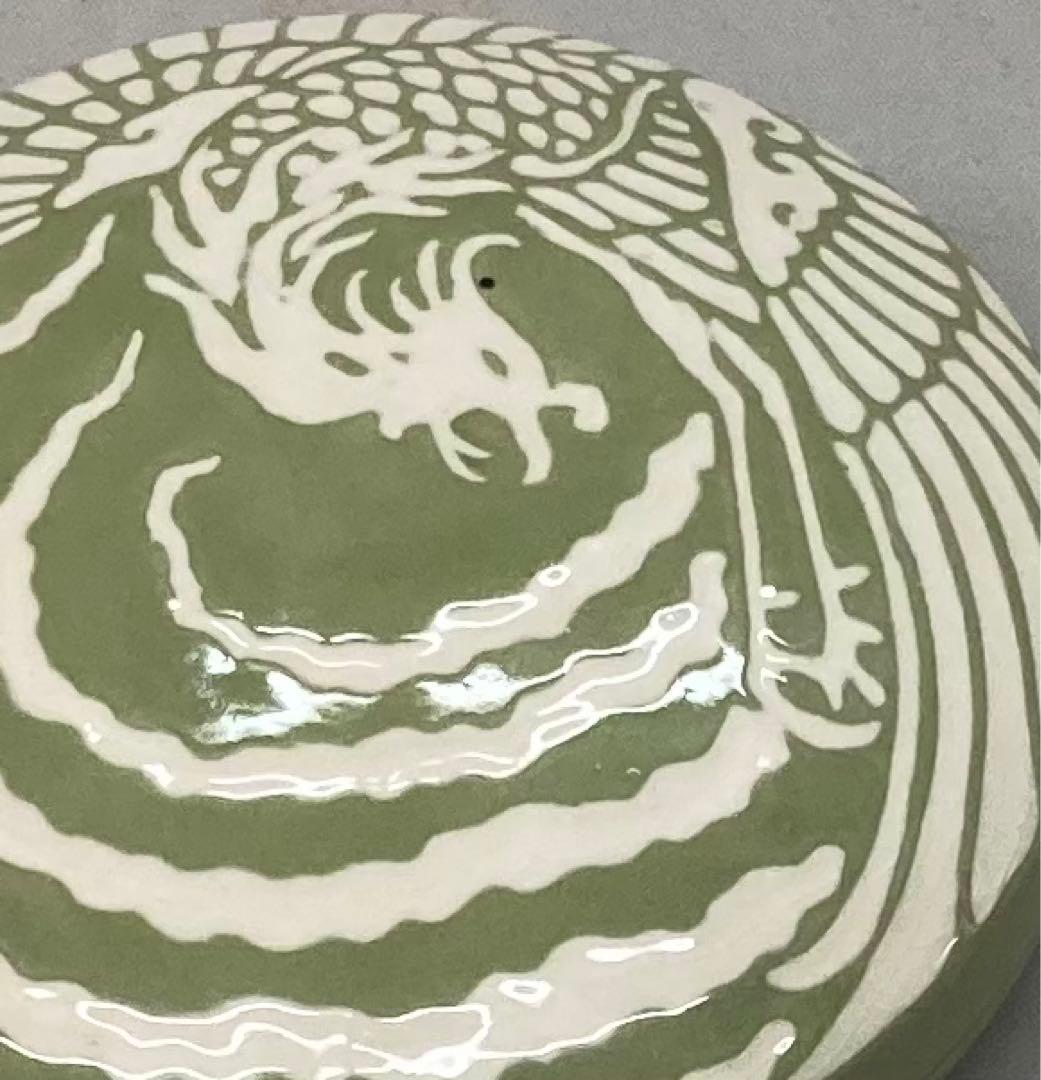 B158s 錦光山造 薄緑地白鳳凰図 香合 京焼 香道具 茶道具 箱