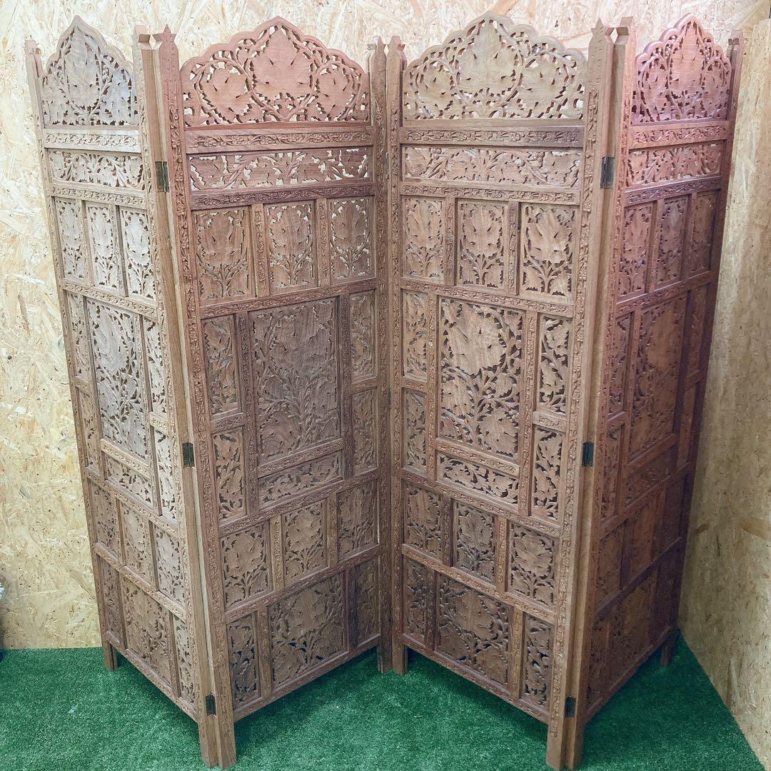 木製 透かし彫り 4連 パーテーション アジアン家具 ビンテージ