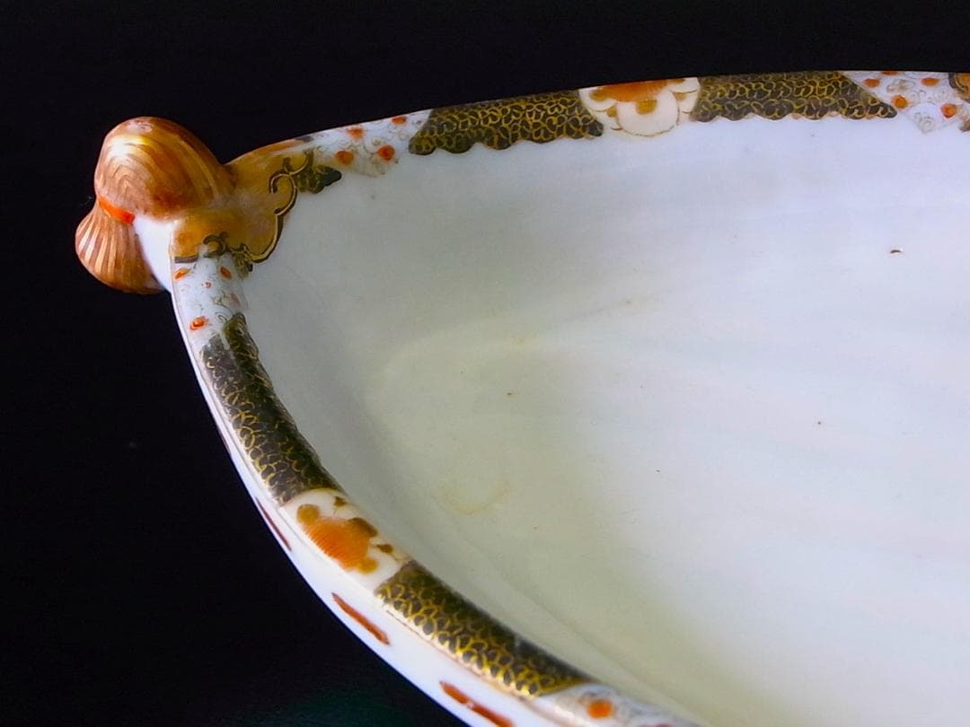 E399 】 超名品明治期瀬戸焼上手作品川本桝吉作品超細密武士文舟形皿