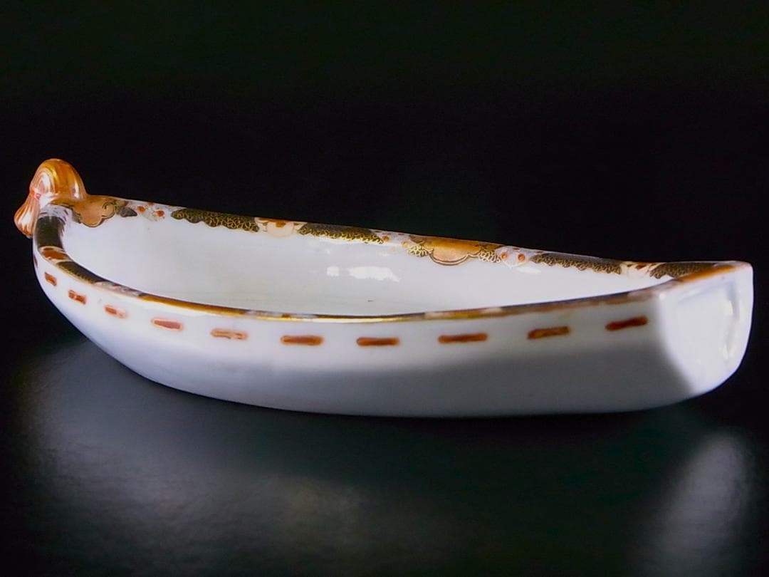 【 E399 】 超名品　明治期瀬戸焼上手作品　川本桝吉作品　超細密武士文舟形皿