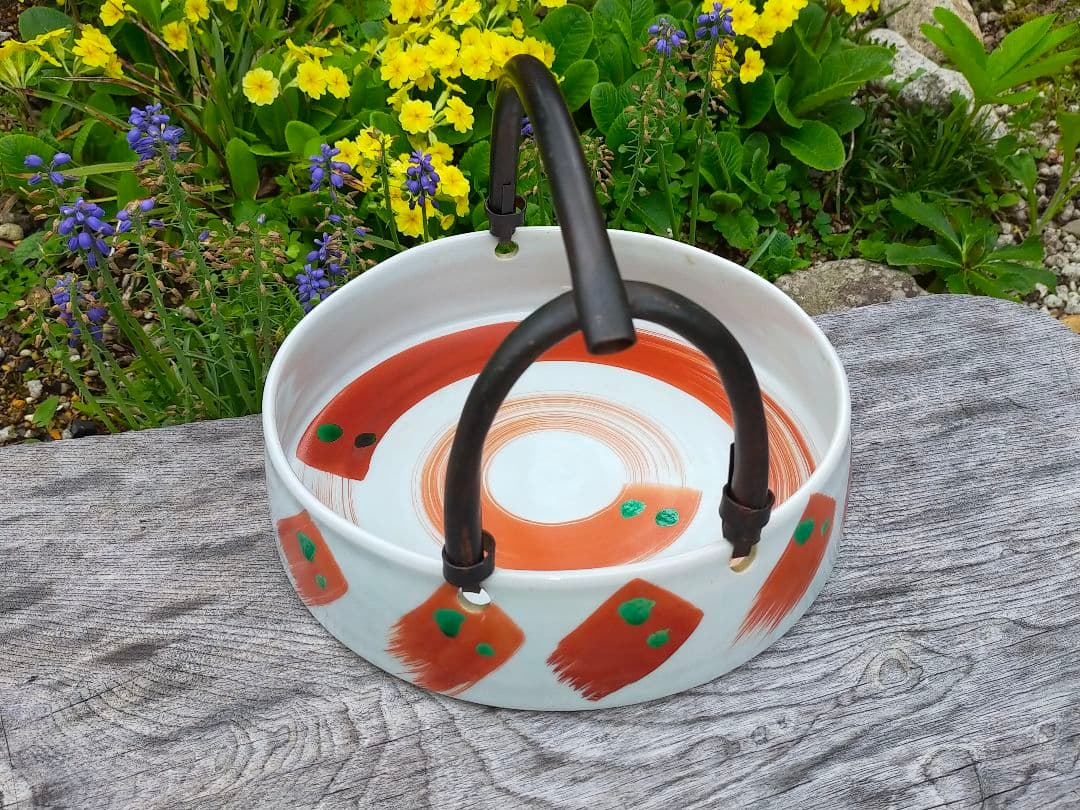 ♥九谷　鉢　銅の持ち手付き　菓子鉢　茶道具　骨董　古玩　レトロ　アンティーク