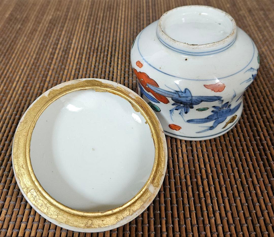 江戸時代後期 古伊万里 染錦 雲鶴 15羽図 蓋付 キャンディーポット
