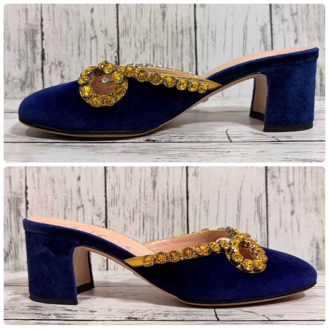 GUCCI ベロア サンダル ミュール リボン ビジュー チャンキーヒール.