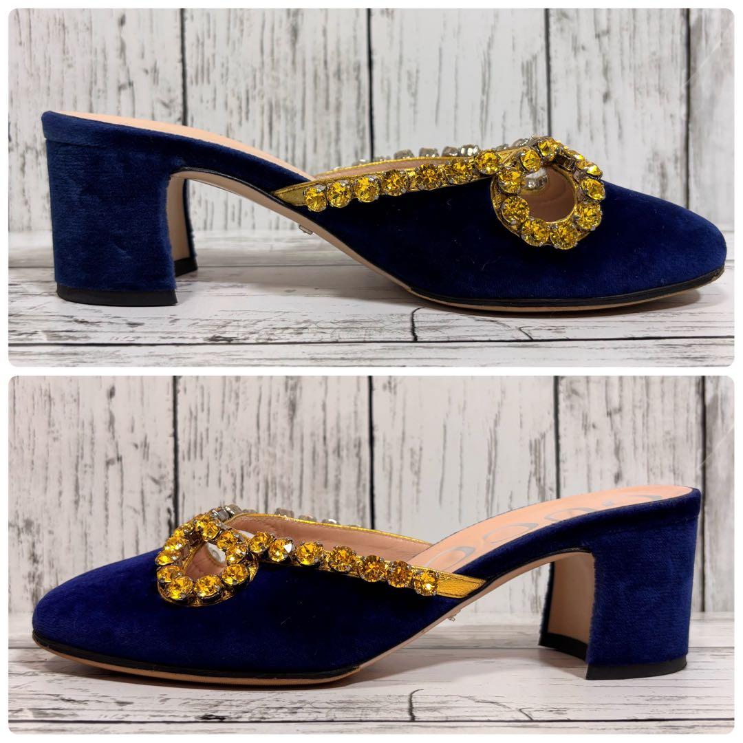 GUCCI ベロア サンダル ミュール リボン ビジュー チャンキーヒール.