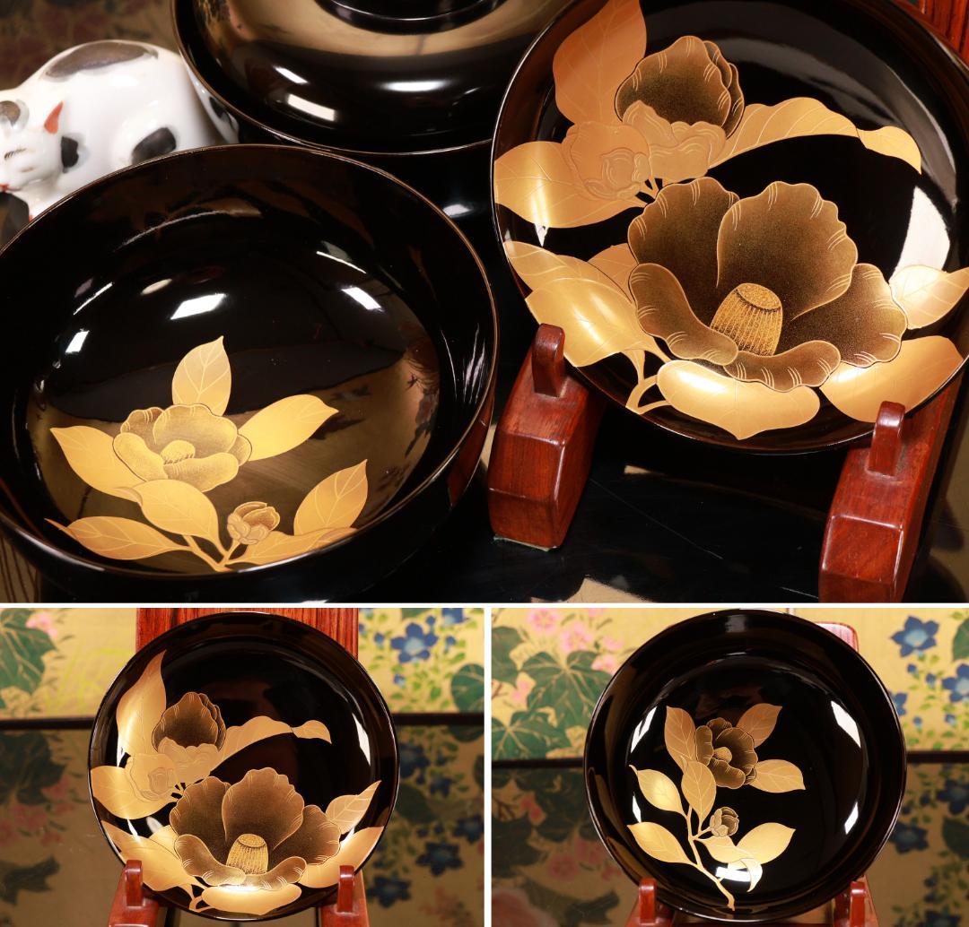 BJ091 時代輪島塗 椿図研ぎ出し蒔絵 吸物椀 二客 木製 梨地 細密 BJ091時代