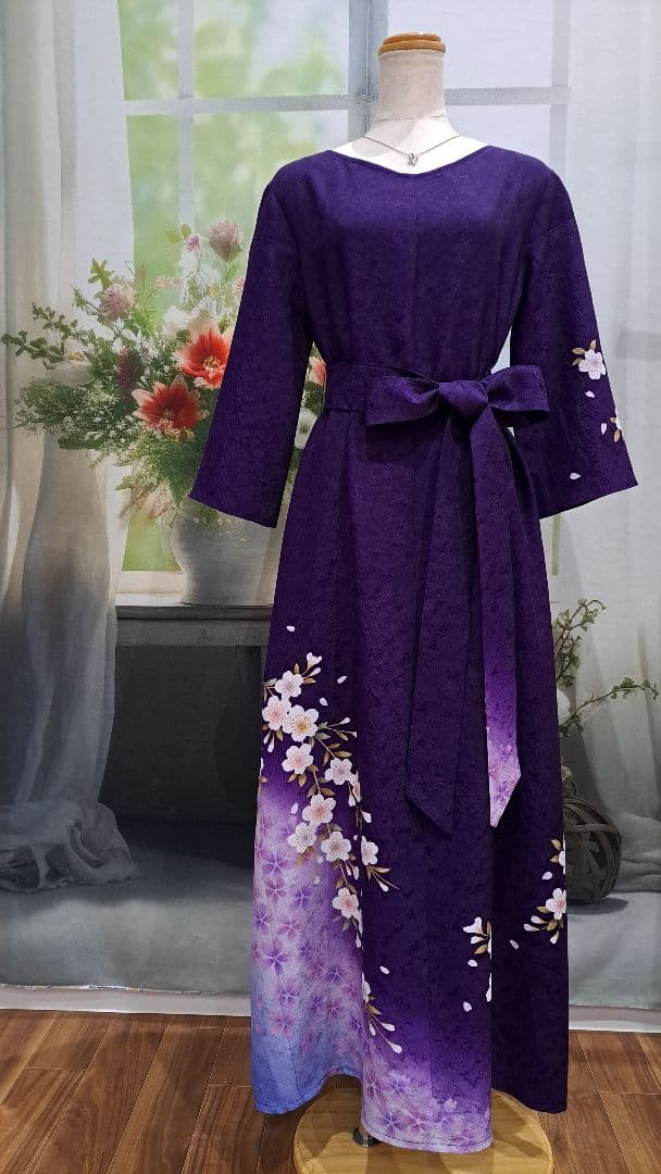 振袖 ワンピース ドレス ロング 七分 桜 紫 正絹 着物リメイク
