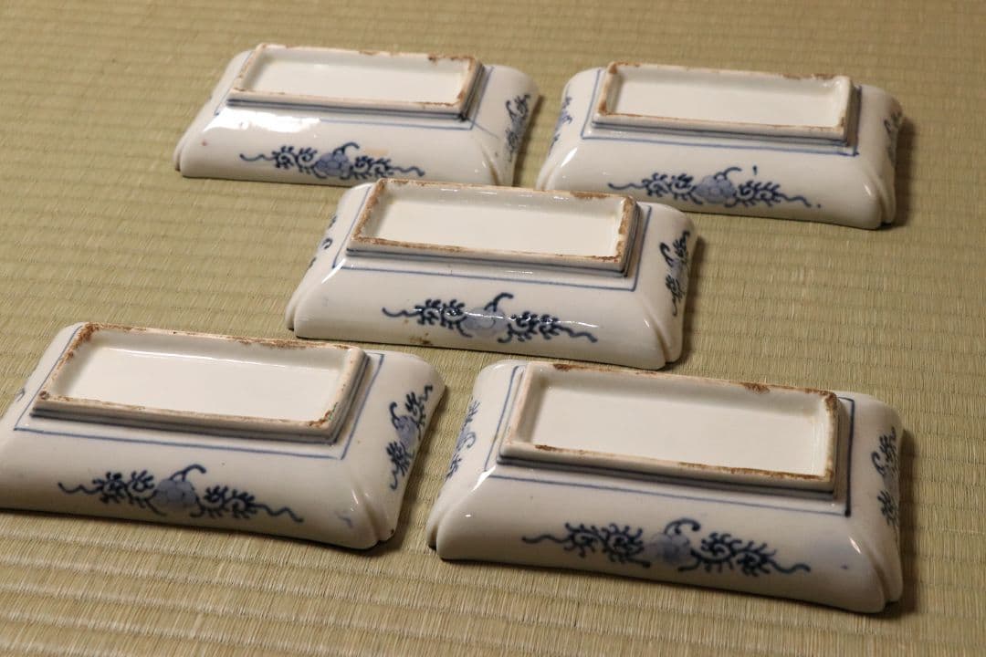 CM51】古伊万里 色絵 長方刺身皿 角皿 五客 桐鳳凰 松竹梅 扇面