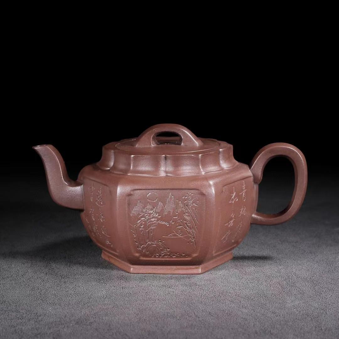 中国古美術・六角紫砂壺・ 底款:范大生・宜興原鉱・紫泥急須・茶壺・茶道具・置物 中国古美術・六角紫砂壺・ 底款:范大生・宜興原鉱・紫泥急須・ 中国古