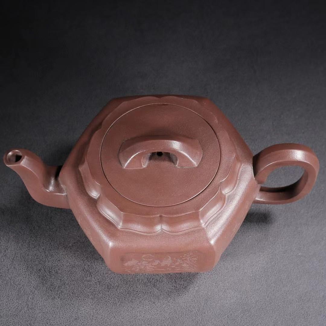 中国古美術・六角紫砂壺・ 底款:范大生・宜興原鉱・紫泥急須・