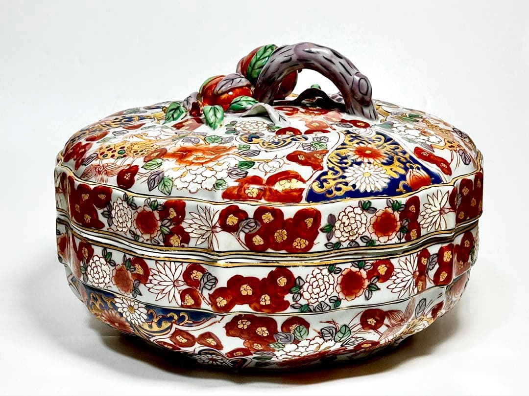 華榮堂 清朝末期 稀少品 広彩色絵 石榴摘蓋付大鉢 伊万里写 中国磁器