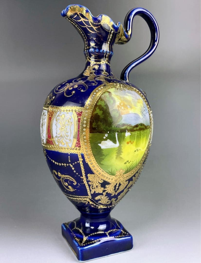 【希少】オールドニッポン ２５㎝ 瑠璃色風景紋スワン花瓶 ピッチャー 金盛り