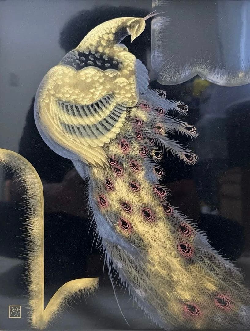 漆芸 孔雀デザイン作品　輪島塗　アンティーク　骨董品　希少価値　額縁期間限定値引