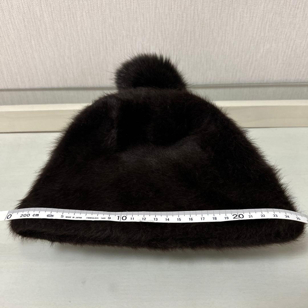 Maxmara リアルファー アンゴラ ニット帽 ポンポン付 ブラウン
