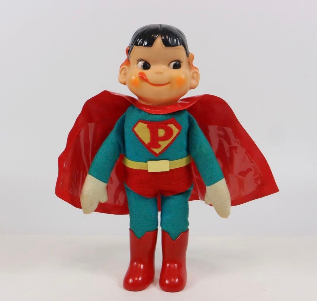 【〜1/23】不二家 ペコちゃん 当時もの　スーパーマン 26cm ソフビ 美品 Yahoo!オークション - 当時物 タグ付 不二家 ペコちゃん スーパーマン