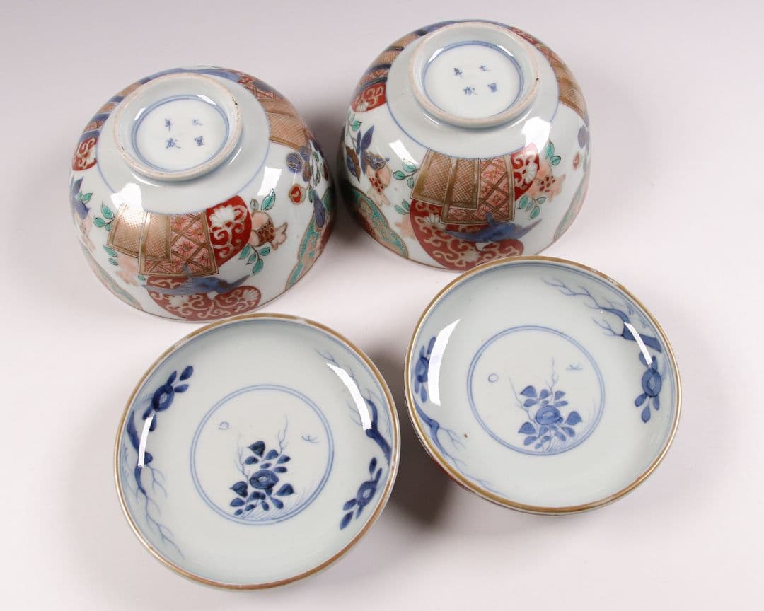 古伊万里 色絵蓋茶碗 二客 太宣年成 花鳥 錦手 染錦 赤絵 金彩 M859