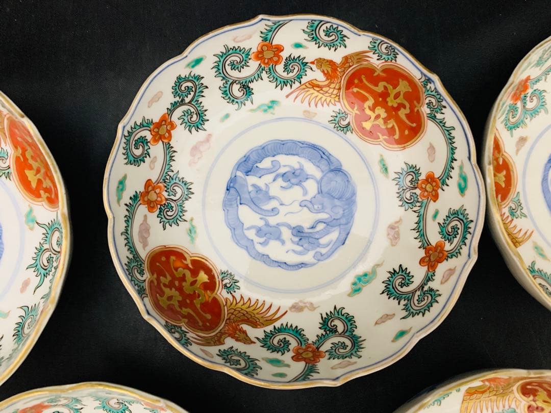 錦手金彩色絵　花唐草　龍　鳳凰　なます皿　5客　伊万里　時代皿