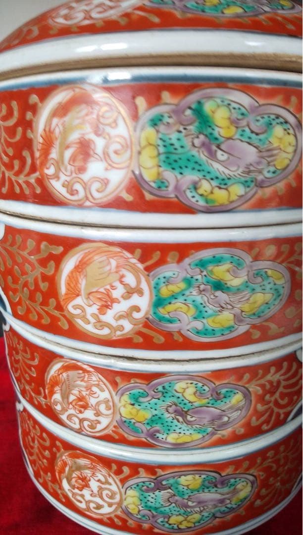 古伊万里　段重　古美術　色絵　金彩　江戸時代　龍　鳳凰　オブジェ