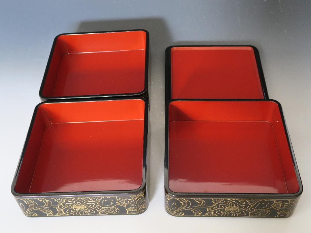 【輪島塗】沈金牡丹彫 三段重箱 六五重 内朱塗 天然木 共箱