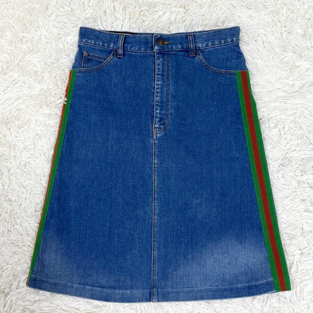 【極美品】グッチ デニムスカート シェリーライン ウェブストライプ レザーパッチ