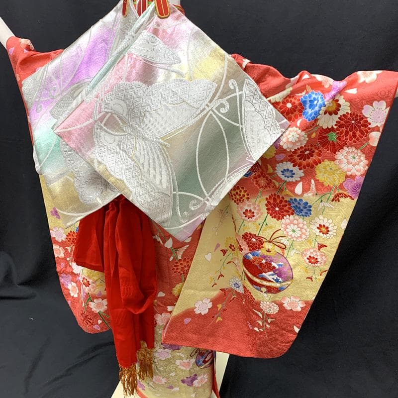 512ag24□七五三 七歳 女児 着物&袋帯 金彩 花 鈴 毬 ピンク□美品