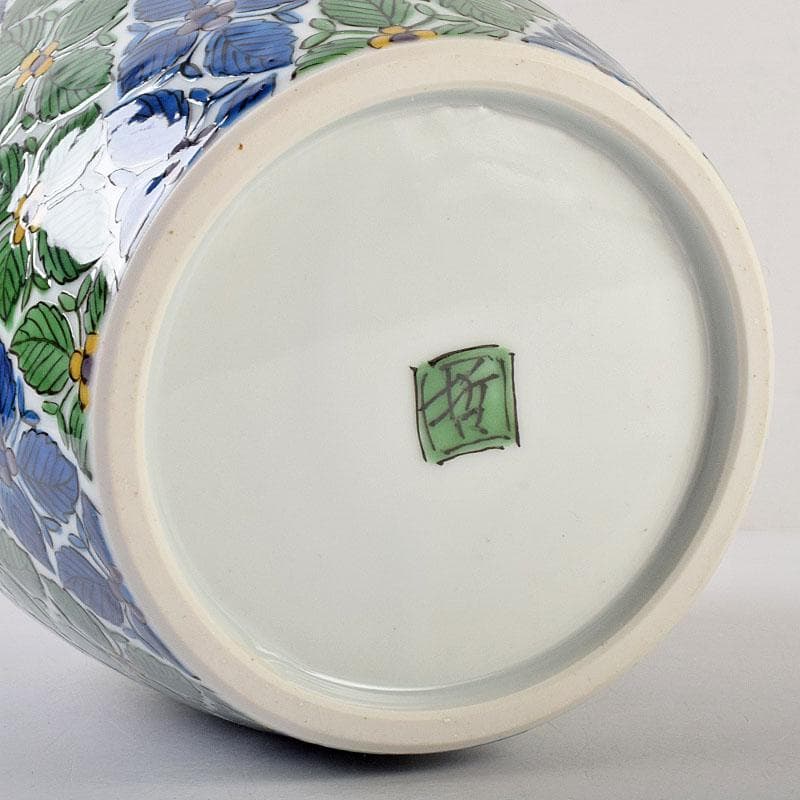 九谷焼　宮川哲爾造　色絵草花更紗文　壺　共箱　M　R9209B