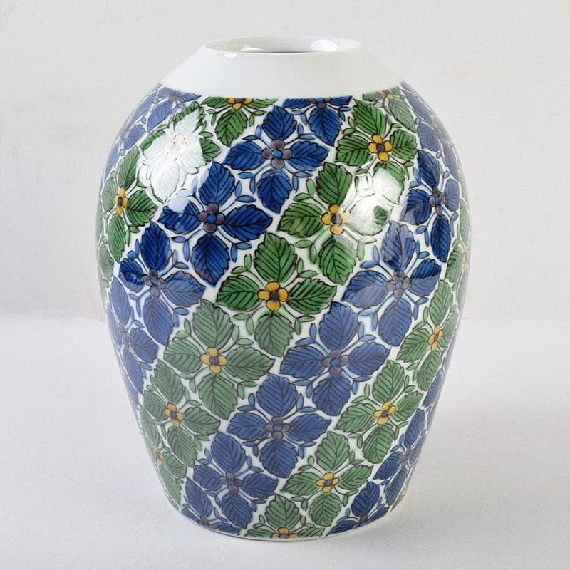 九谷焼　宮川哲爾造　色絵草花更紗文　壺　共箱　M　R9209B