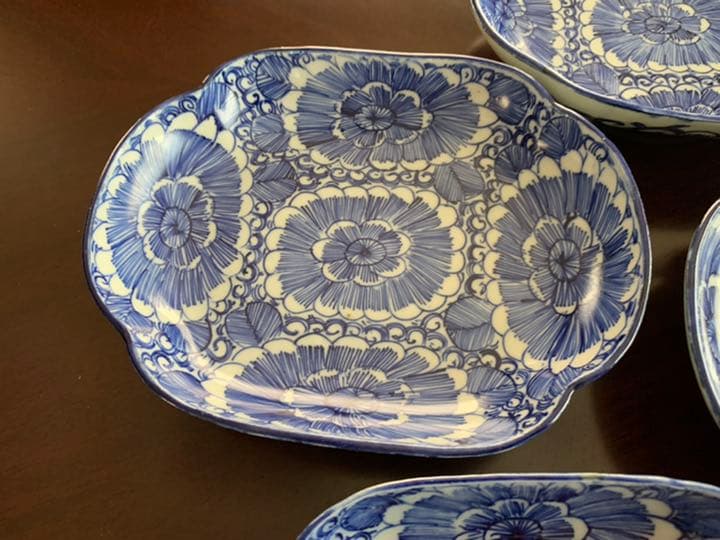 伊万里 染付 線描 木瓜型皿 5客 アンティーク 珍品】古伊万里 染付 線描