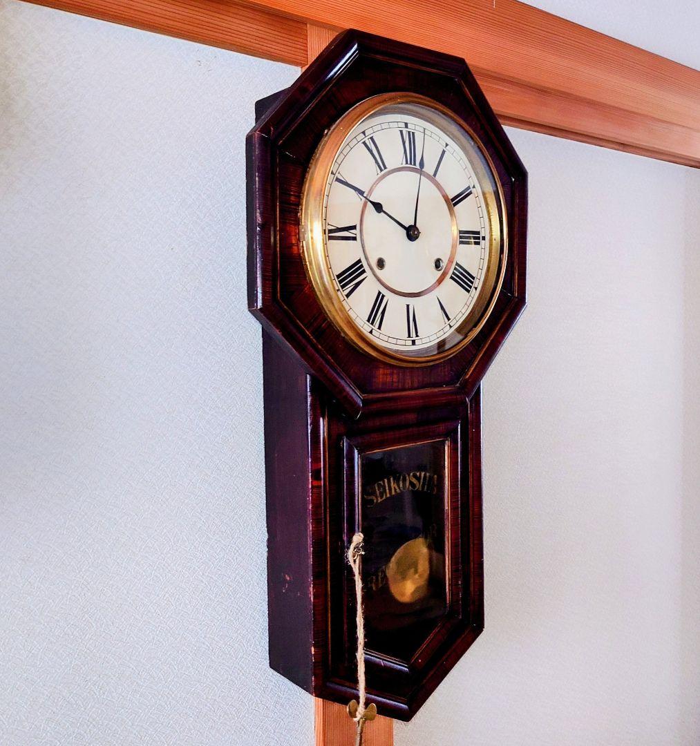 〈完動美品〉精工舎　大型十寸中玉縁八角尾長ゼンマイ振り子時計　アンティーク古時計