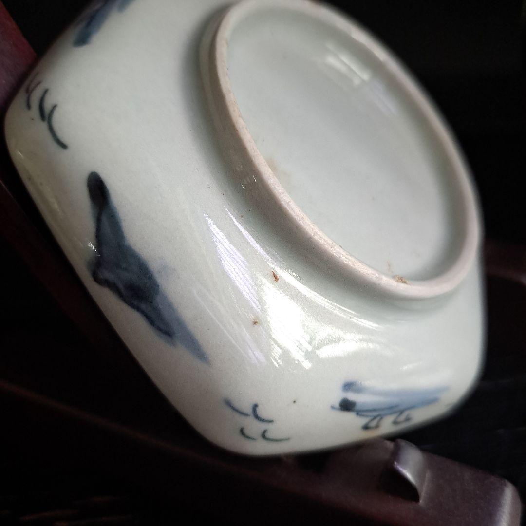 江戸初期　呉須　六角型　　豆皿　超極上　山水人物 月夜のウサギ図　１客　完品に近