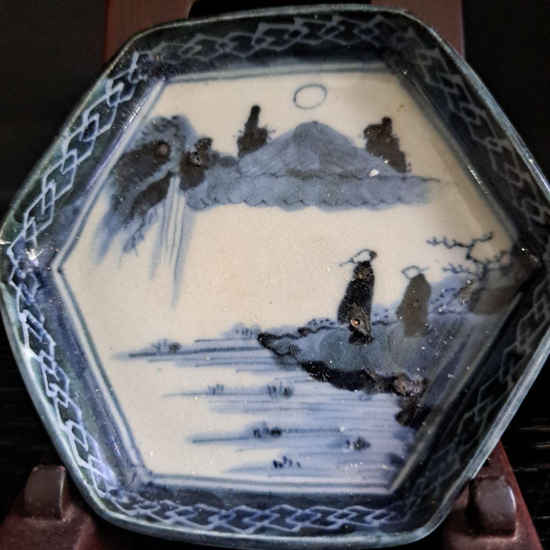 江戸初期　呉須　六角型　　豆皿　超極上　山水人物 月夜のウサギ図　１客　完品に近